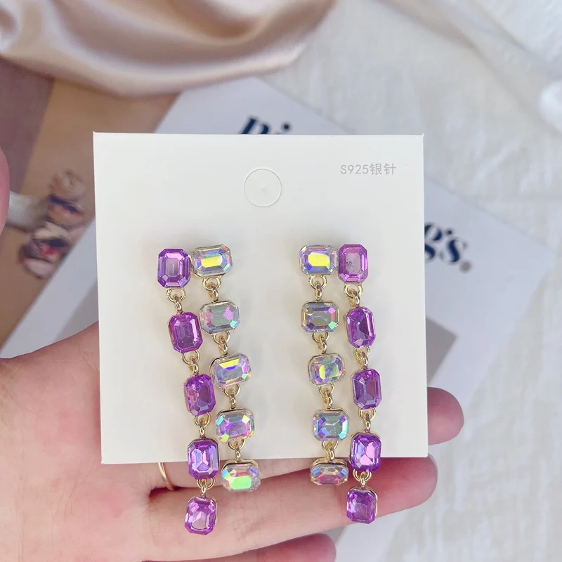 

Korean TV Star Purple Sqaure Crystal Tassel Drop Earrings For Women Elegant Boucle doreille Holiday Jewelry
