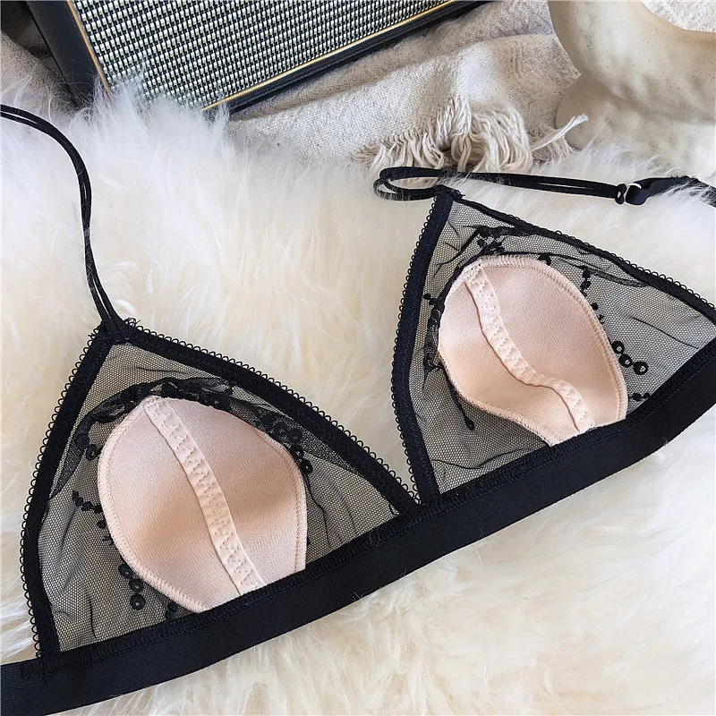 

Sexy Ultra-thin Embroidery Bra Set French Lace Flowers Plant Lingerie Deep V Soft Cup Triangle Bras Temptation Women Underwear