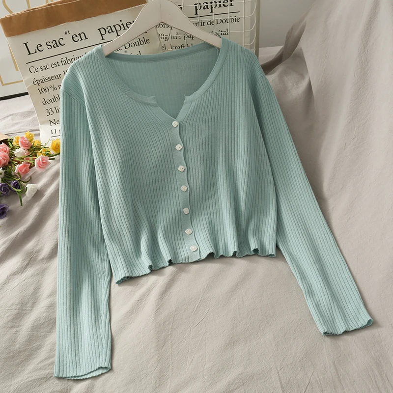 Укороченный кардиган дешевый Свитер оверсайз с длинным рукавом женская блуза