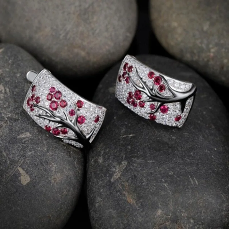 

OMHXZJ EA570 Wholesale European Fashion Woman Girl Party Birthday Gift Plum Blossom Zircon 18KT White Black Gold Hoop Earrings