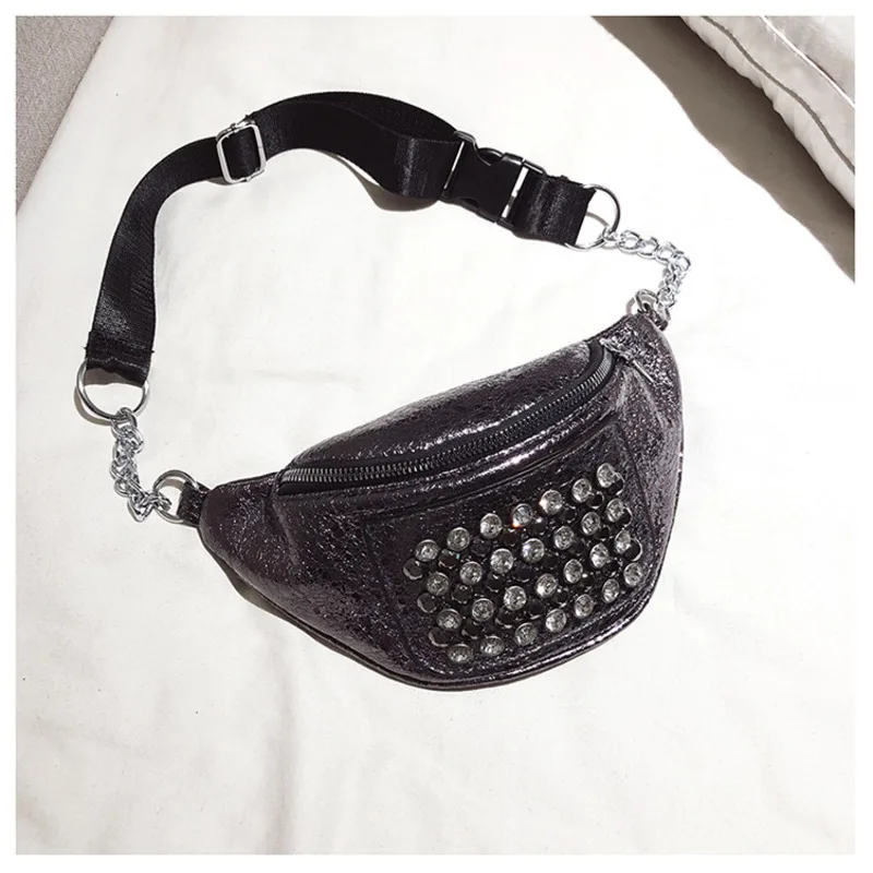 

2019 Fashion Women PU Leather Fanny Pack Street Rivets Street Style Belt Bags Zipper Phone Purse Waist Packs