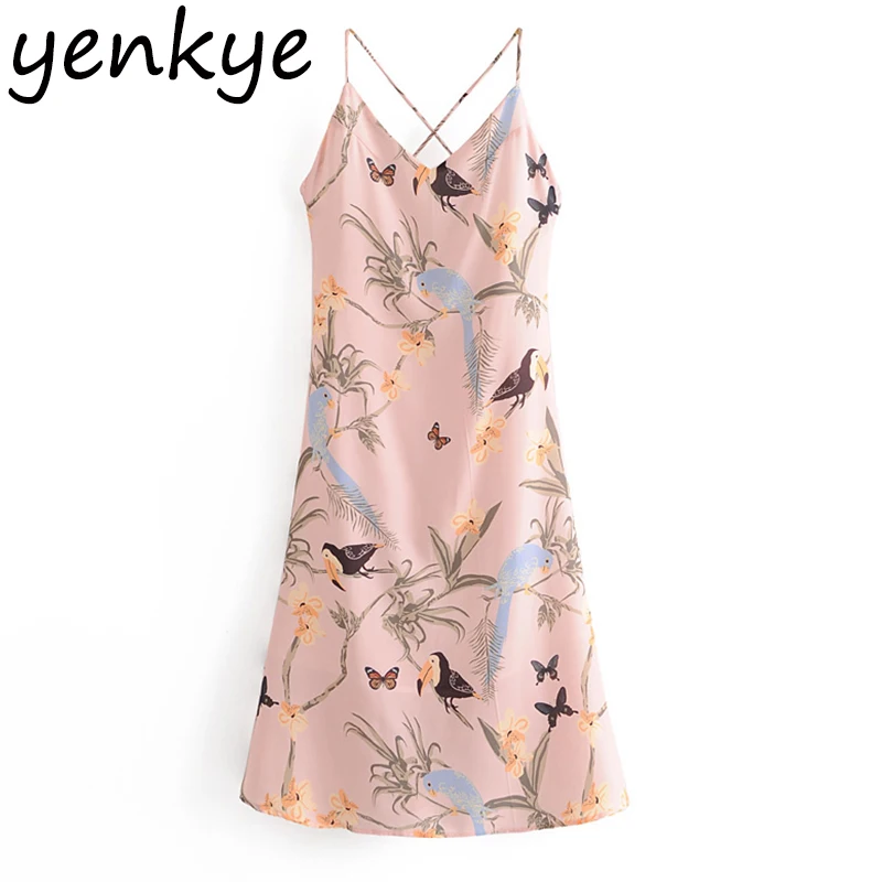 

Vintage Birds Floral Print Dress Women Sexy Backless V Neck Sleeveless Sling Holiday Dress Female A-line Summer Chiffon Dresses