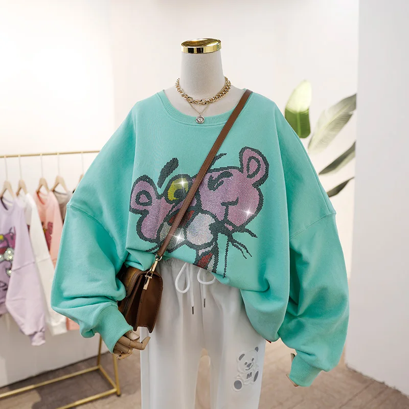 

2021 Spring Fall Plus Size Loose Mid-Length Rhinestone Cartoon Hoodie Cotton Round Neck Lazy Women Sweatshirt Fashion Slim Top