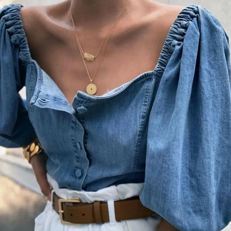 Блузка женская джинсовая средней длины повседневный топ на пуговицах свободная