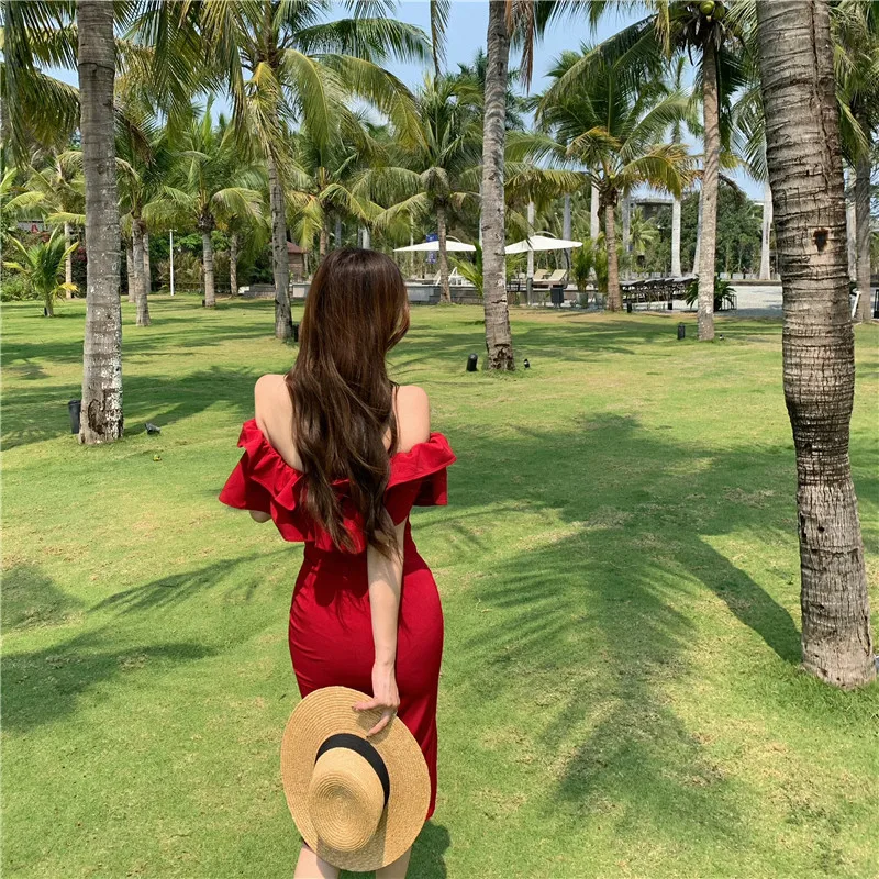 

COIGARSAM Beach French Style Ruffles Women dress Vintage Slash neck High Waist Dresses Red 3007