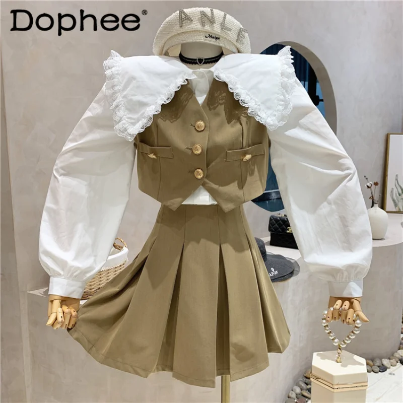 

Осень 2021, облегающий костюм в Корейском стиле, жилет + плиссированная юбка с высокой талией + белая рубашка, темпераментный костюм-тройка в с...