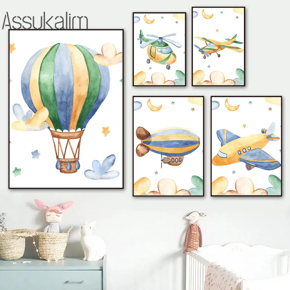 

Hot Air Balloon Poster Airplane Wall Art Print Nursery Canvas Painting Moon Paintings Nordic Posters And Prints Kids Room Decor