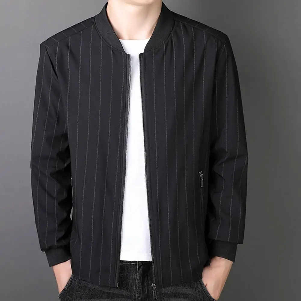 

Men Coat Stripe Stand Collar Zipper Plus Size Spring Jacket for Daily Wear