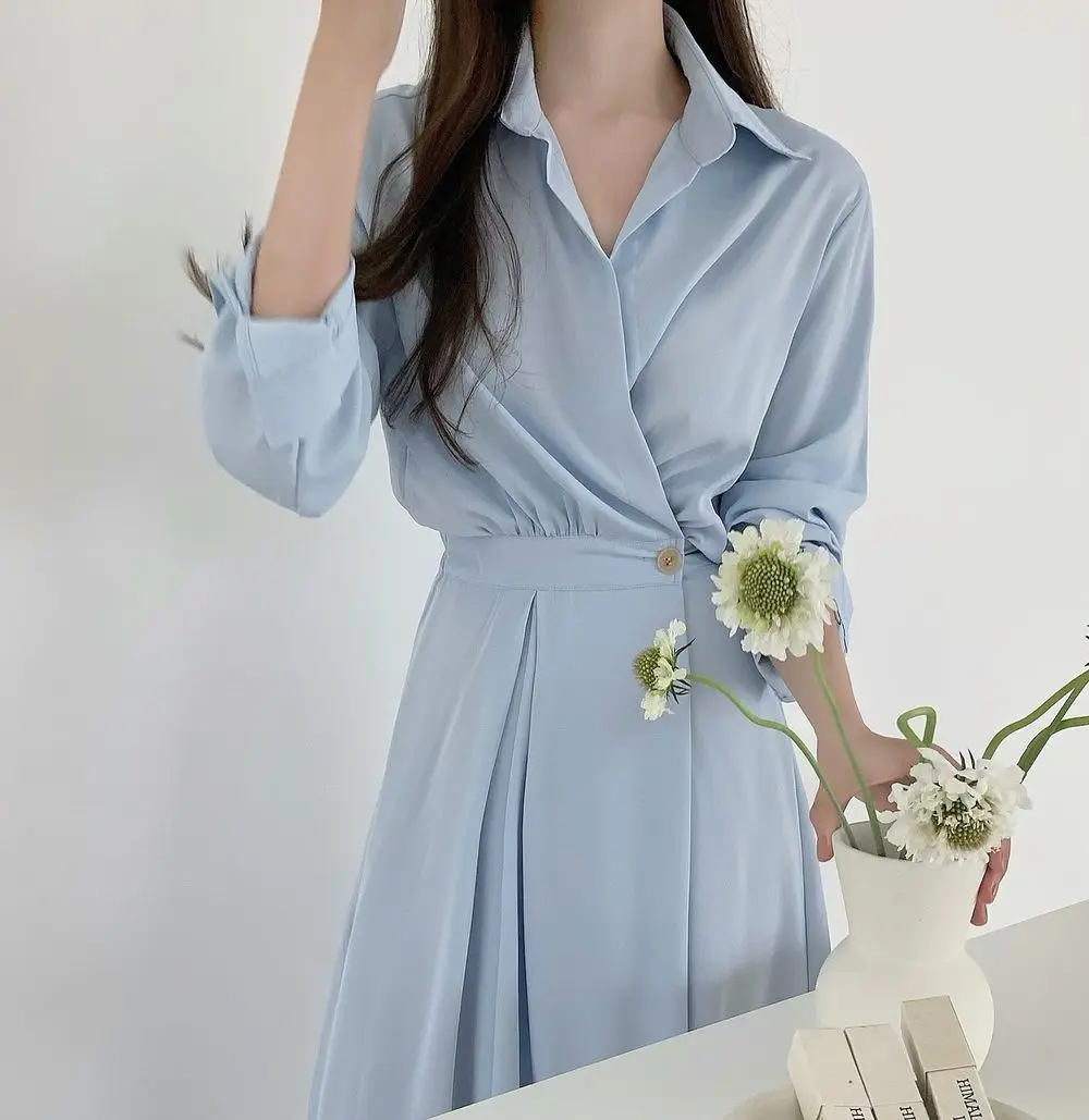 

Korean Simple Solid Autumn Dress Fashion POLO Collar Long Sleeve Elegant Midi Dresses High Waist Vestidos Women Clothing 2021