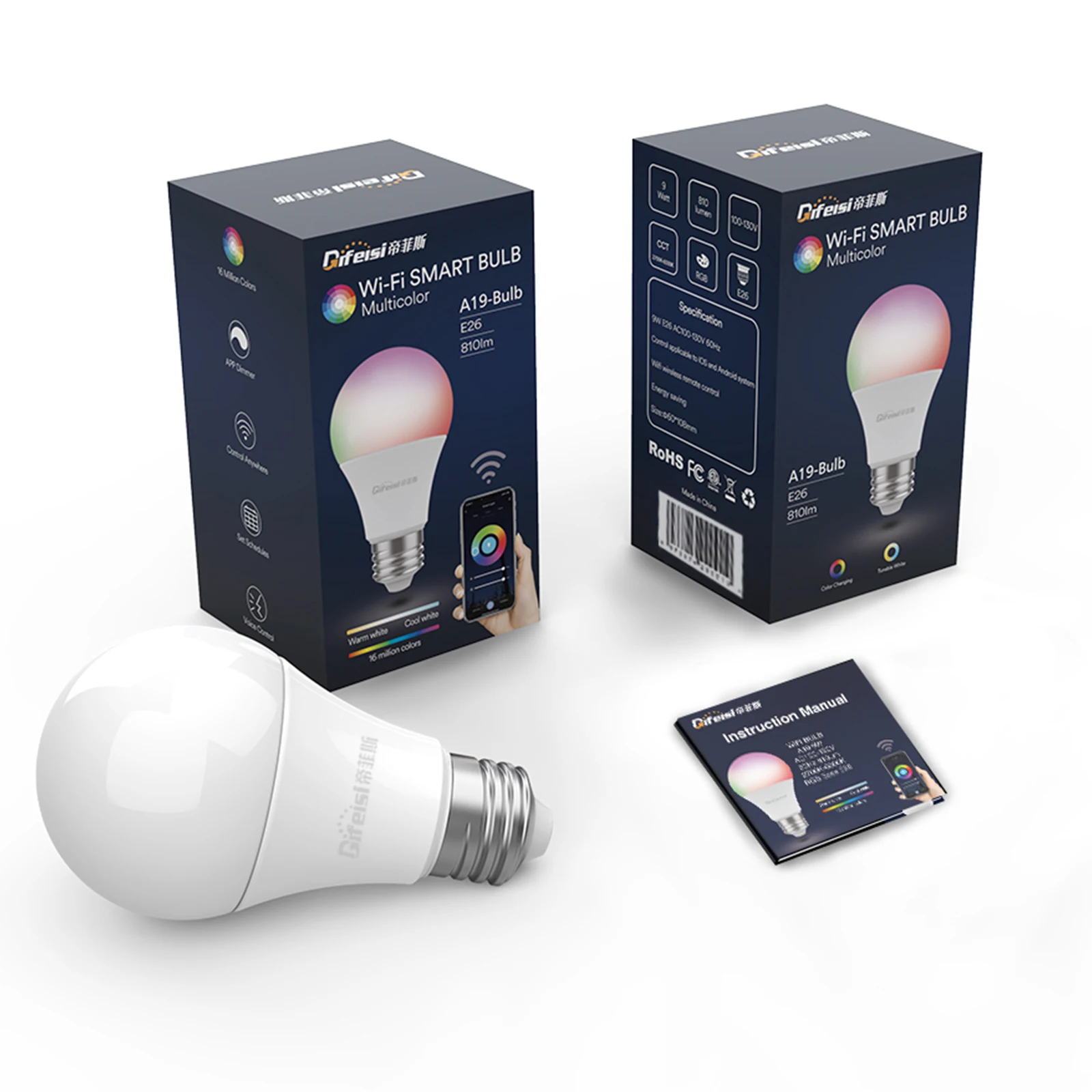 

9W Multicolor WiFi Smart LED Light Bulb E26/E27 A19 Dimmable Timer Function Magic Bulb Work with Alexa/Google Indoor Light
