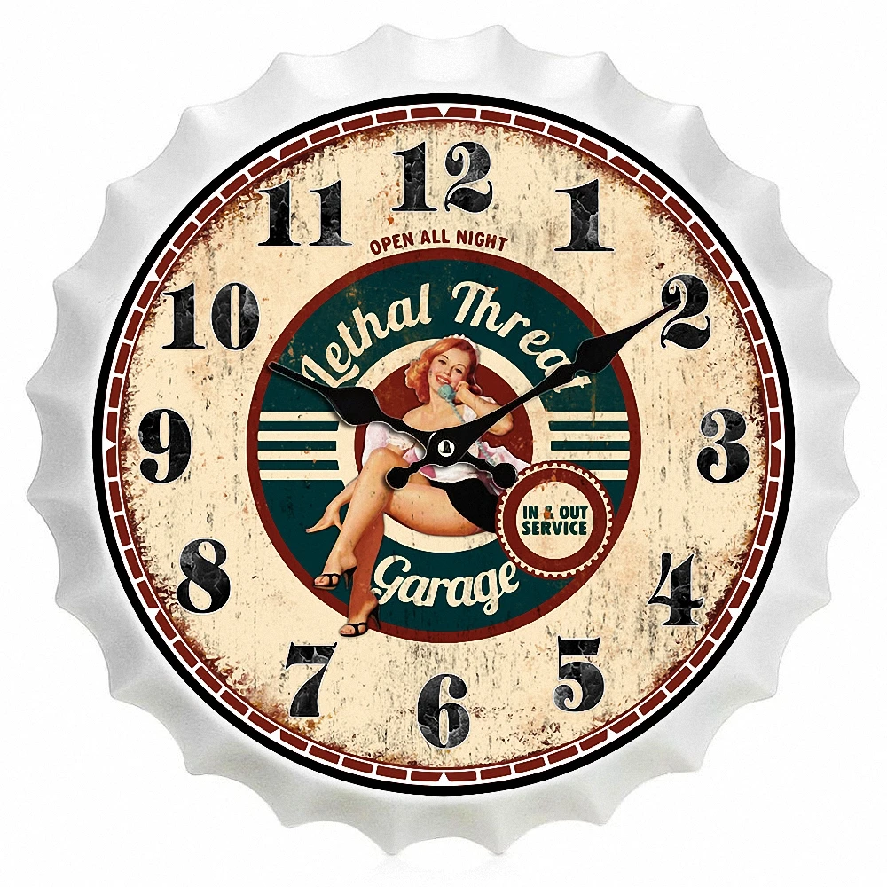 

Silent Non Ticking Wall Clock14 inch Retro Iron Bottle Cap Vintage Metal Poster Wall Hanging for Living Room Bedroom Bar Cafe C3
