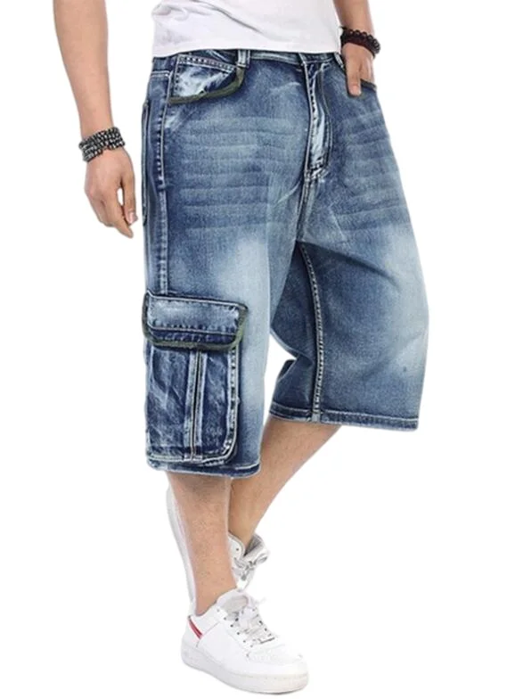 Summer Calf-Length Pants Hip-Hop Jeans Men's Denim Shorts Men Loose Multi-Pocket Jeans