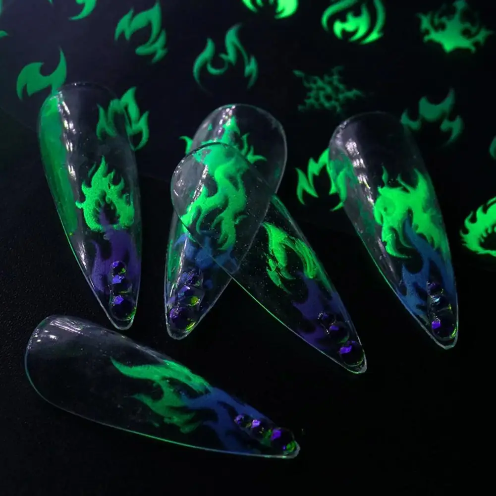 

Hot Sales!!! Nail Art Stickers Fluorescent Flame Shape PET Material Luminous Fire Nail Foil Decals Set for Party
