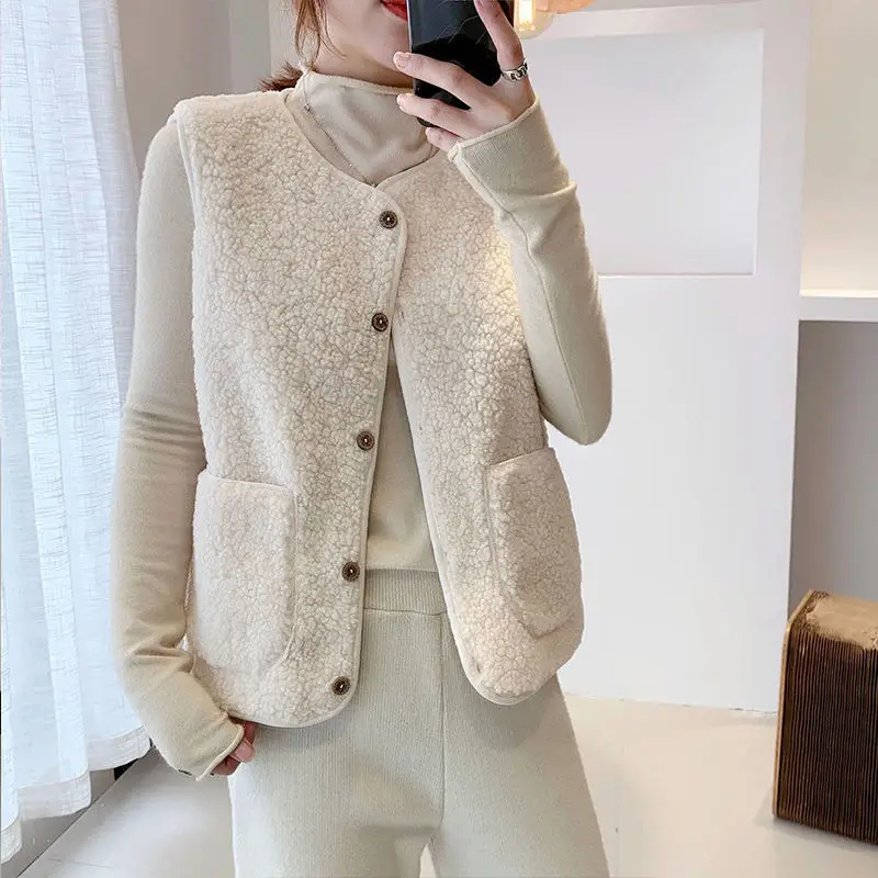 

2021 Autumn and Winter New Fashion Women's Imitation Lamb Plush Vest Women's Vest Vest Coat Winter Solid Color Warm Sweater Vest