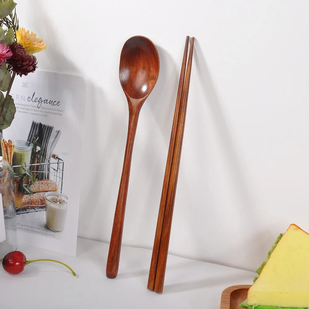 Bamboo Wooden Spoons and Chopsticks Set Non-Stick Soup-Teaspoon for Kitchen Cooking Utensil Tools cutlery | Дом и сад