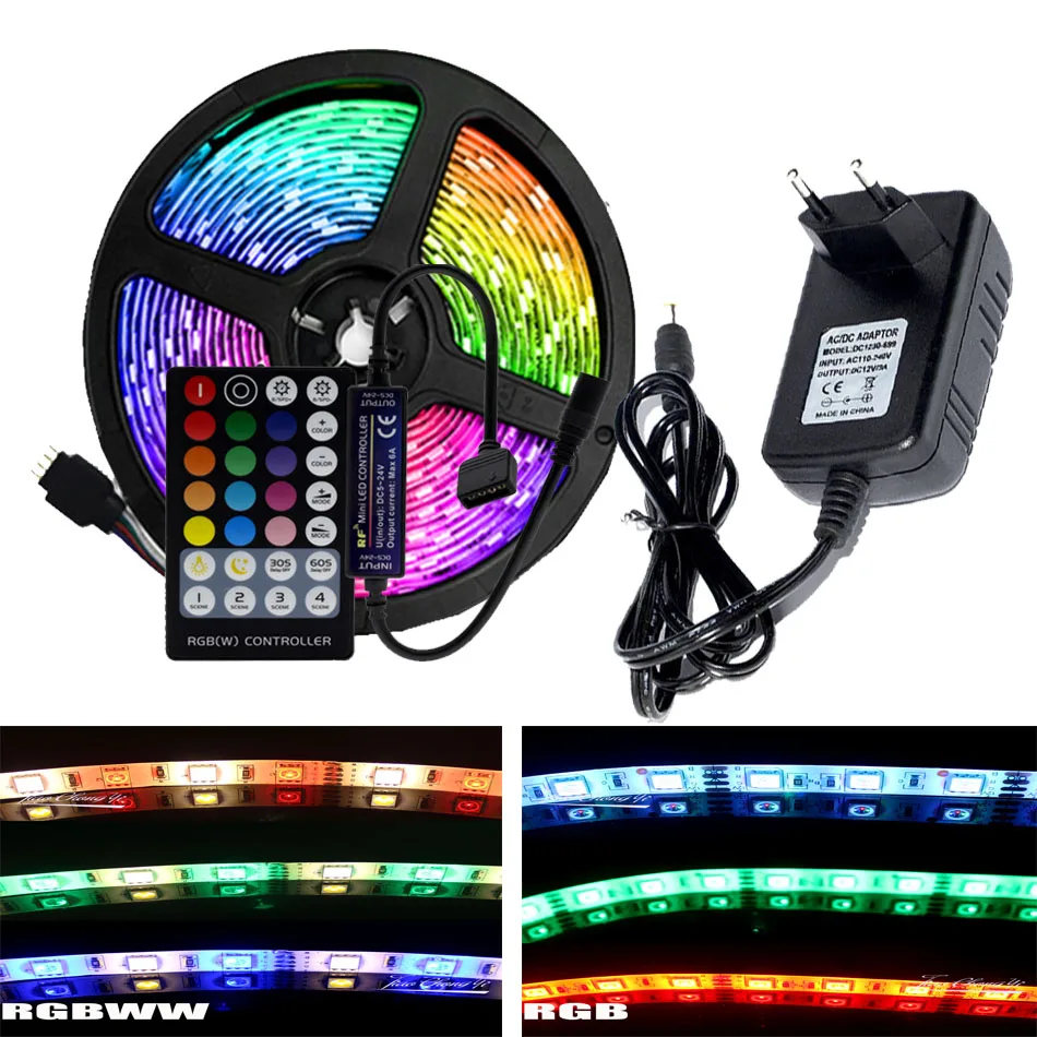

5M set LED Strip RGB / RGBW / RGB+CCT / Double White LED Flexible Light 5050 300 LEDs + RF Controller + DC12V 3A Power Adapter