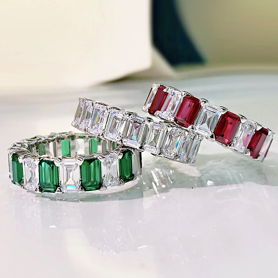 

Trend Jewelry Anillos Genuine Colorfast S925 Sterling Silver Row Rings for Women's Party Banquet White Green Red Gemstone Gift