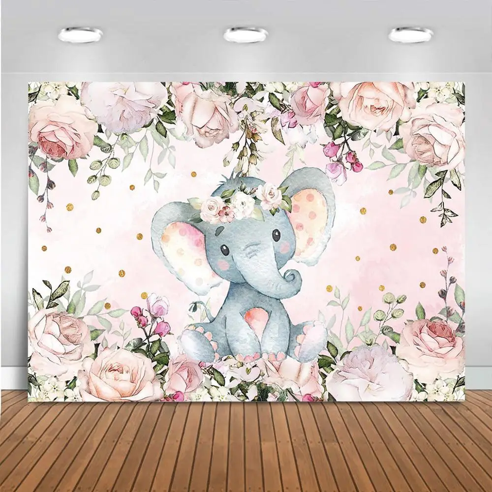 

Girl Elephant Baby Shower Backdrop Cute Elephant Floral Photo Booth Backdrops Elephant Birthday For Girl Photography Background