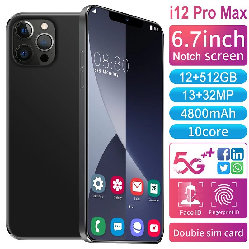 

Global Version 6.7" Full Screen i12 Pro Max 4800mAh 5G 12GB 512GB 13MP+32MP MTK6799 10Core Face ID Mobile Phone Smartpho