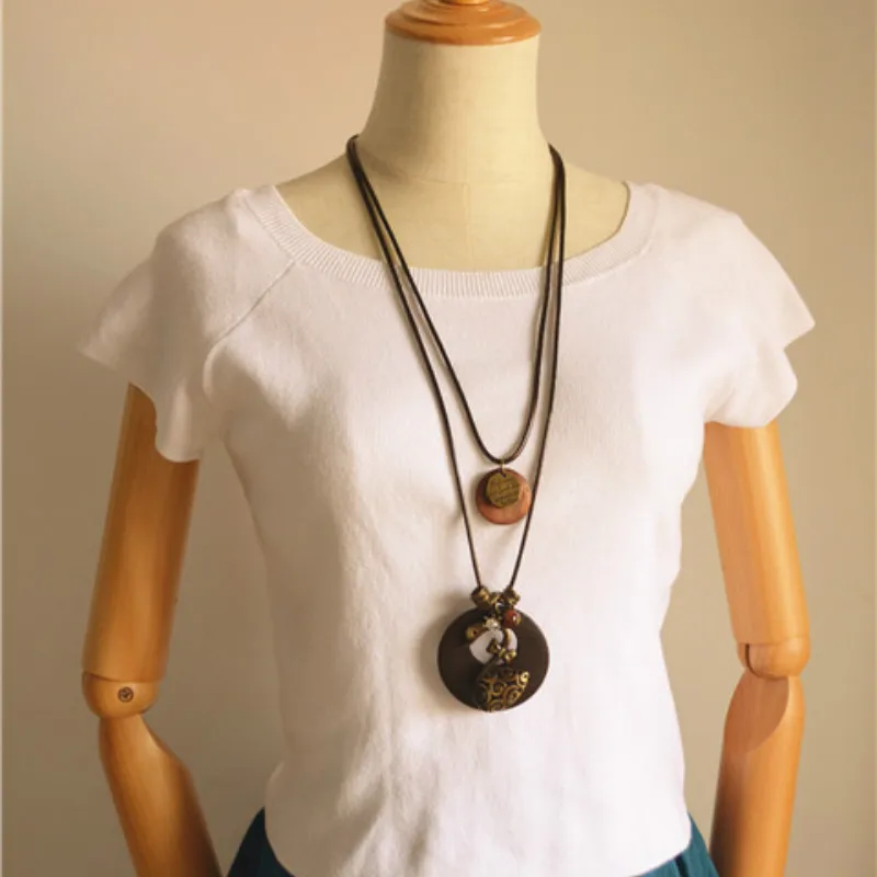  Retro Necklace Ethnic Style Female Literary Minimalist Double Wooden Letters Swan Fringed Long Sweater Chain | Украшения и