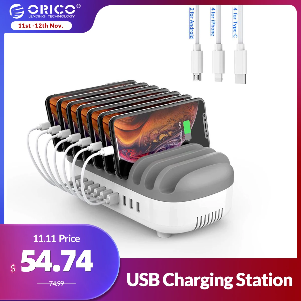 

ORICO 10 Ports USB Charging Station Dock USB Charger 120W 5V 2.4A for iPhone 12 Pro Max Samsung Xiaomi Phone Tablet