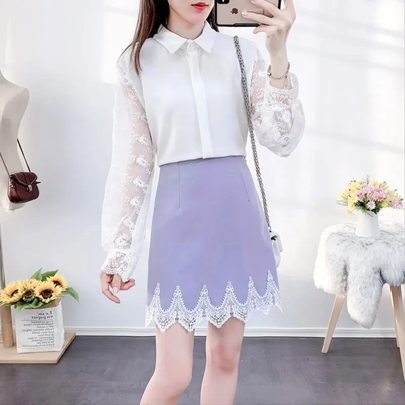 

Two Piece Set Ladies Casual Women Lace Stitching Chiffon Slim Shirt Long Sleeve Tops + Lace Edge Mini Skirt 2020 Autumn Winter