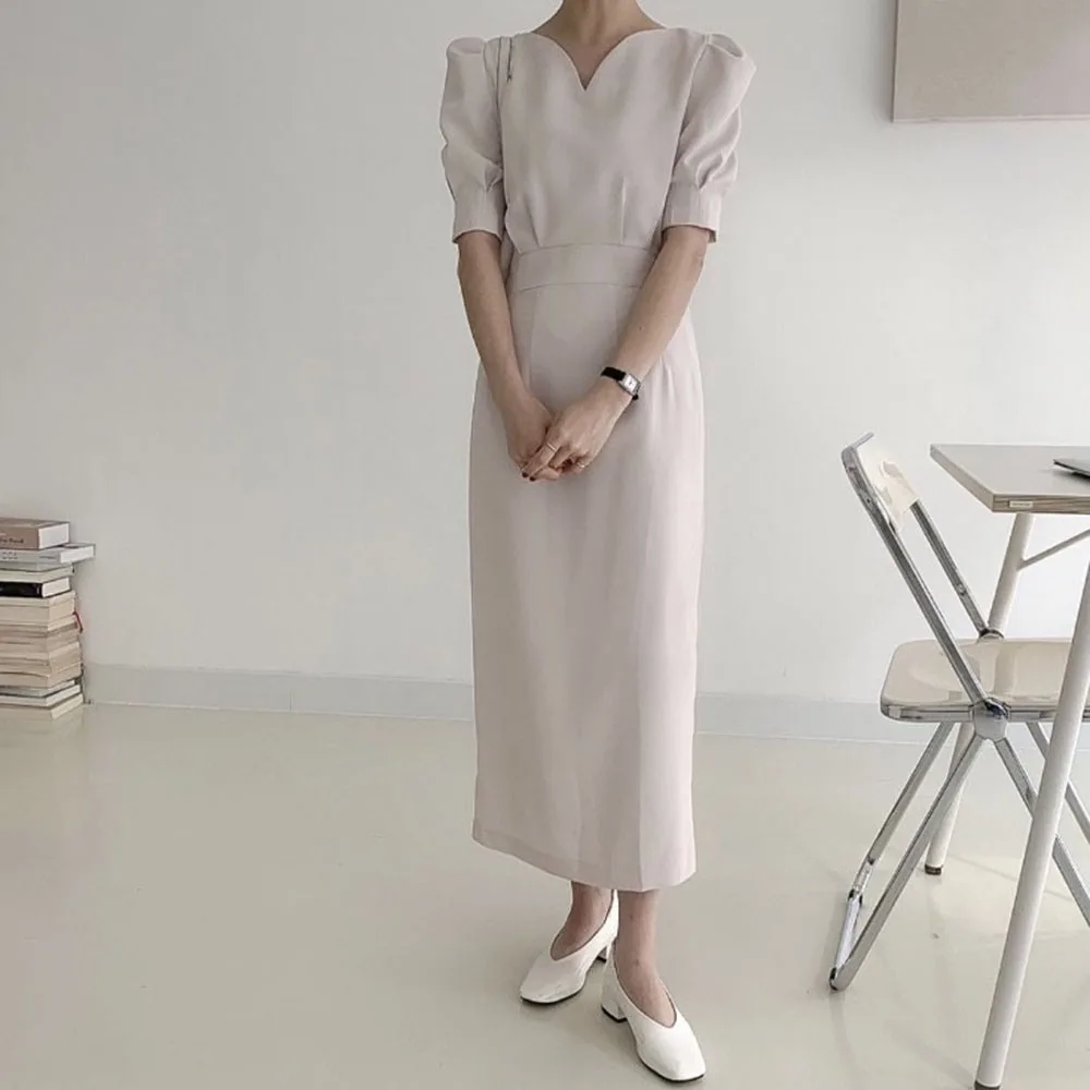 

Temperament Fashion Summer Women's Dress 2021 Casual Simple Designer Thin High Waist Split Fork V-neck Lantern Sleeve