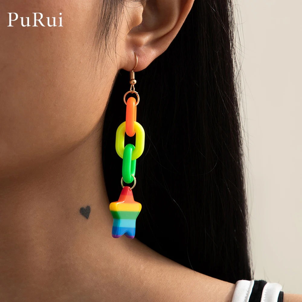 

Ins New Rainbow Color Acrylic Star Drop Earrings Trendy Vintage Long Chain Dangle Earrings for Women Boho Brincos 2021 Jewelry