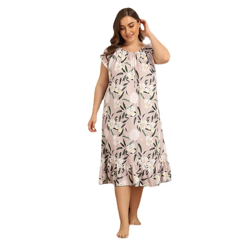 

2021 New Large Flower Pajamas Summer Knee Length Dress Temperament Home Dress Ruffle