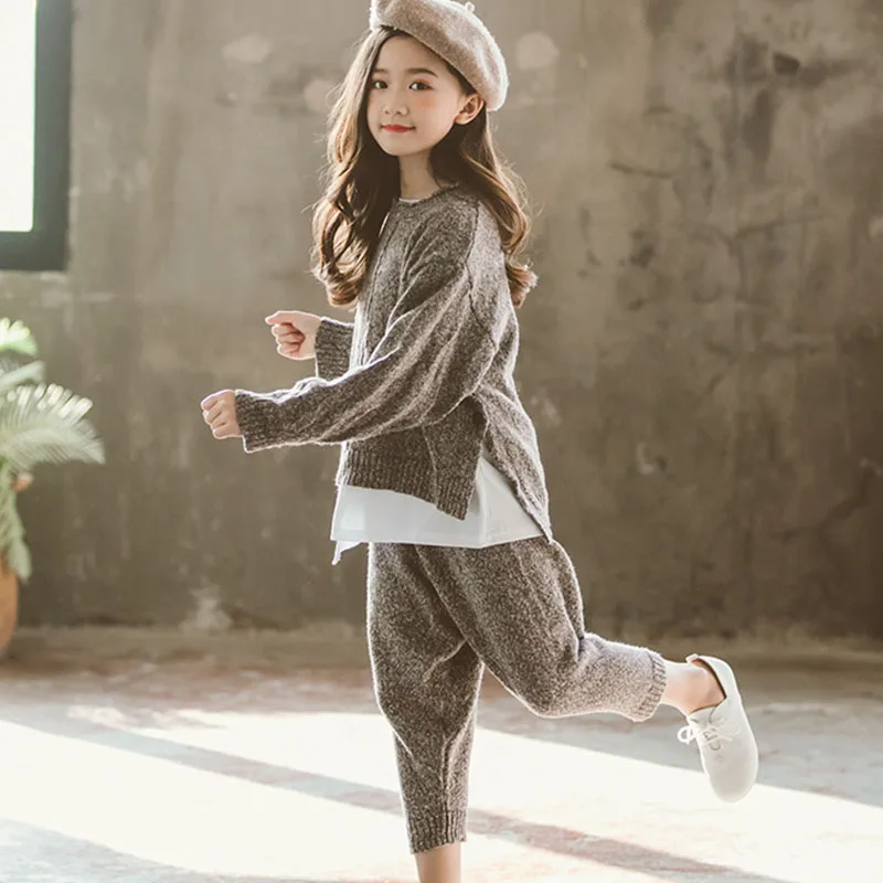 2019 г. Новые зимние комплекты одежды для девочек Детский костюм вязаная одежда