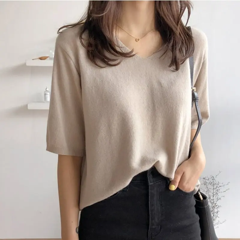 Женский свитер с коротким рукавом корейский стиль повседневный свободный v