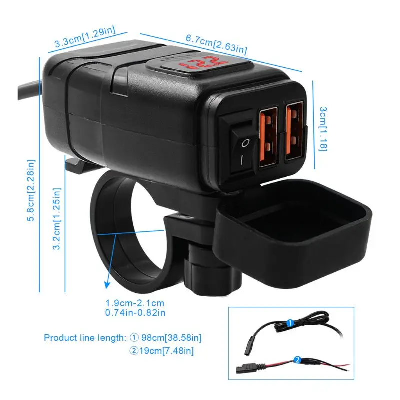 

12V 12V SAE To USB Adapter with Voltmeter ON OFF Switch Motorcycle Quick Disconnect Plug with Waterproof Dual QC3.0 USB Fast for