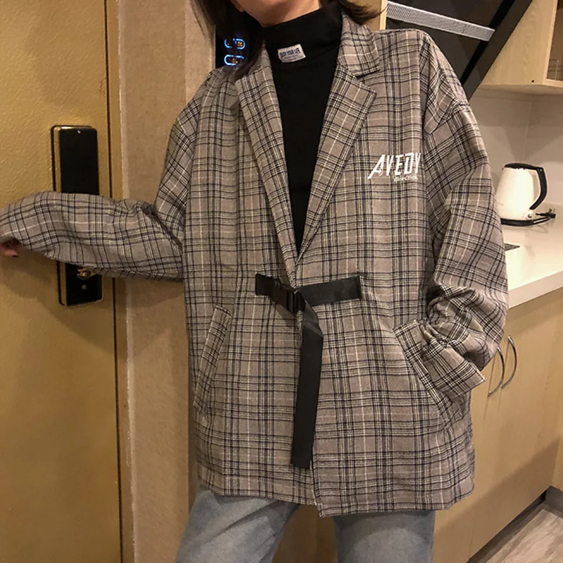 Японская клетчатая куртка Харадзюку С Вышивкой Букв мужская верхняя одежда