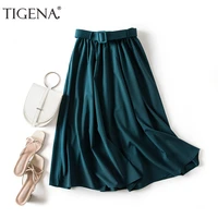 tigena elegant long skirt for women with belt 2021 summer korean fashion solid a line elastic high waist pleated skirt female