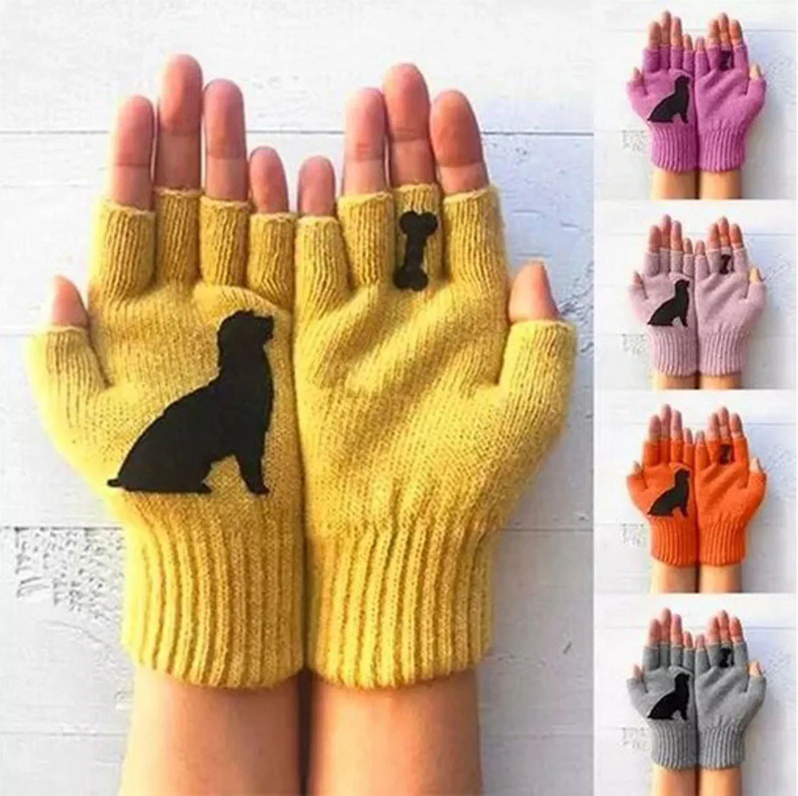 Женские шерстяные перчатки на осень и зиму с полупальцами уличные теплые принтом