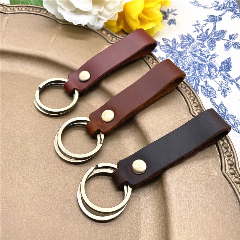 

Genuine Leather KeyChain Women Men Key Chains For Key Rings Holder Purse Pendant Bag Accessories Double Circle Keychain Gifts