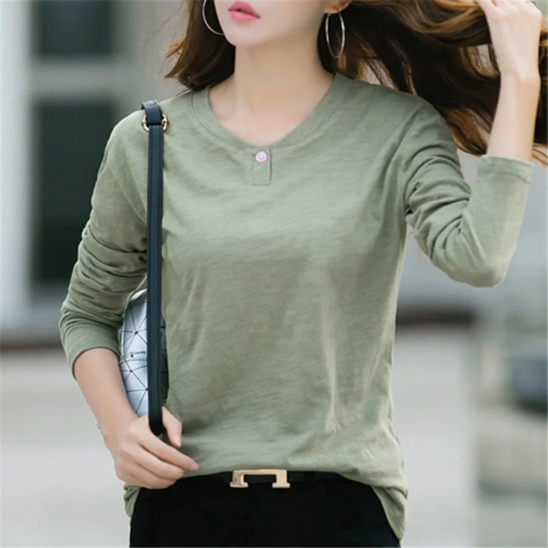 

100% хлопковая футболка женская летняя футболка с круглым вырезом футболка с длинными рукавами в Корейском стиле Стиль плюс Размеры рубашка ...