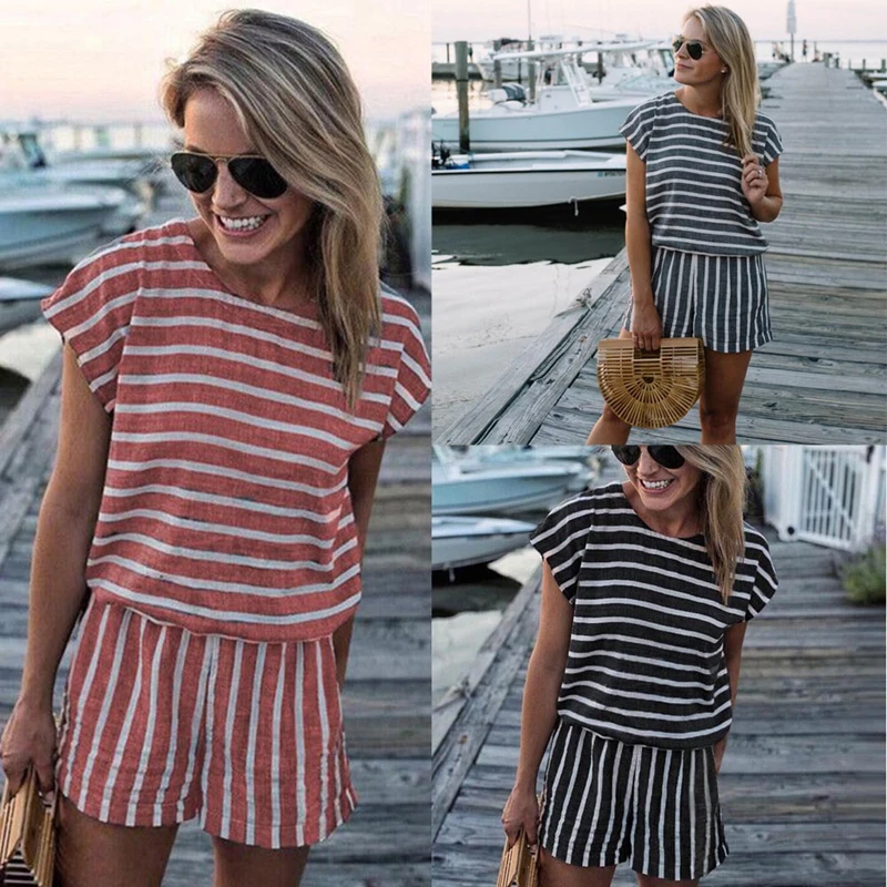 Женский Повседневный свободный костюм в полоску с коротким рукавом и открытой