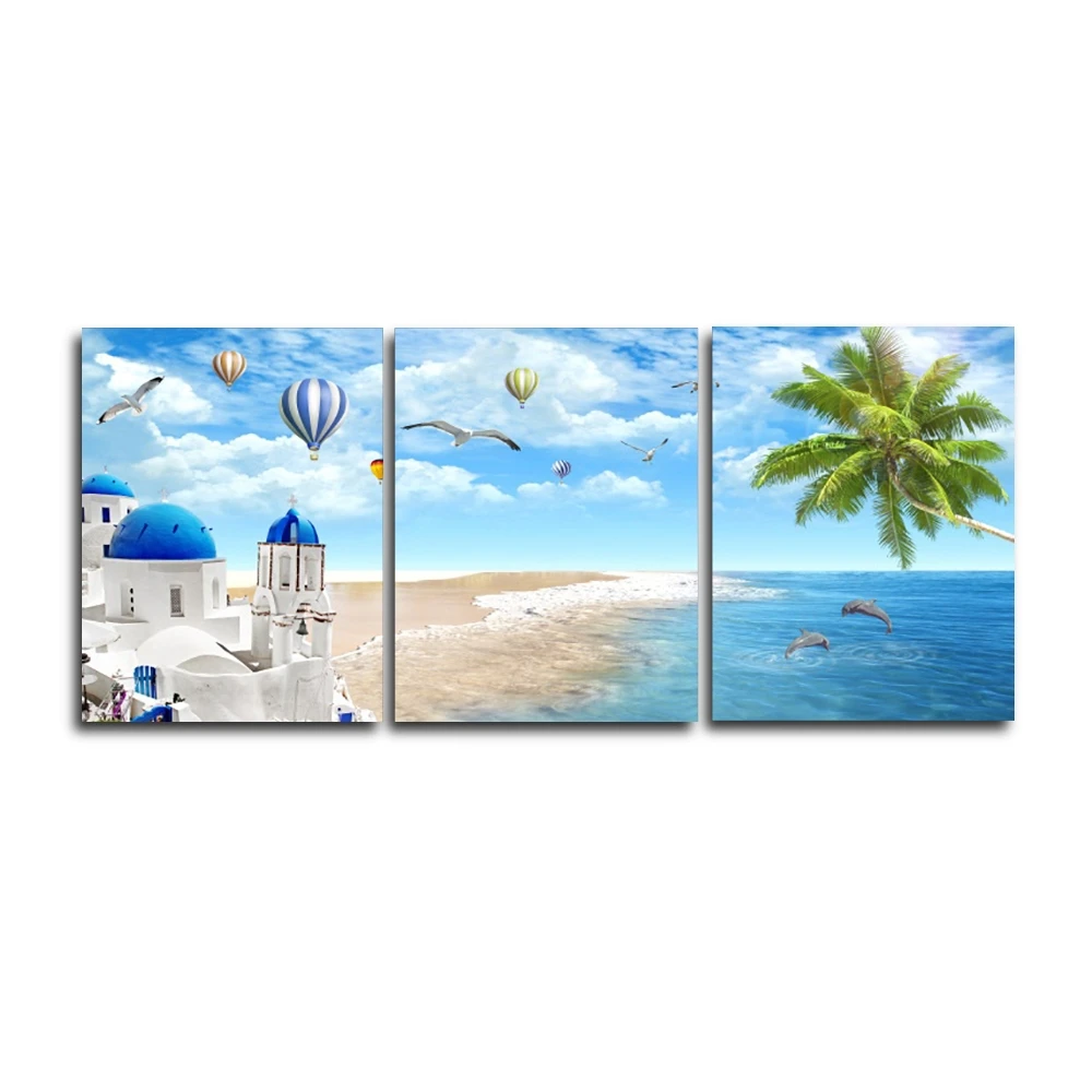 

Laeacco Canvas Calligraphy Painting Seaside Castle Hot Balloon Posters and Prints Wall Art for Living Room Home Decor Pictures