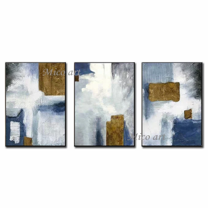 

3 комбинированные абстрактные Масляные картины, ручная роспись, синий цвет, Современное украшение для дома, гостиной, без рамки