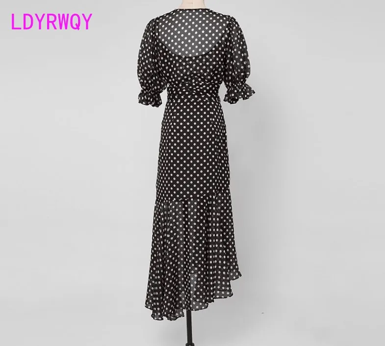

LDYRWQY Temperament French Polka Dot V-neck Sexy Fashion Chiffon Slim Lantern Sleeve Dress2021 Summer New