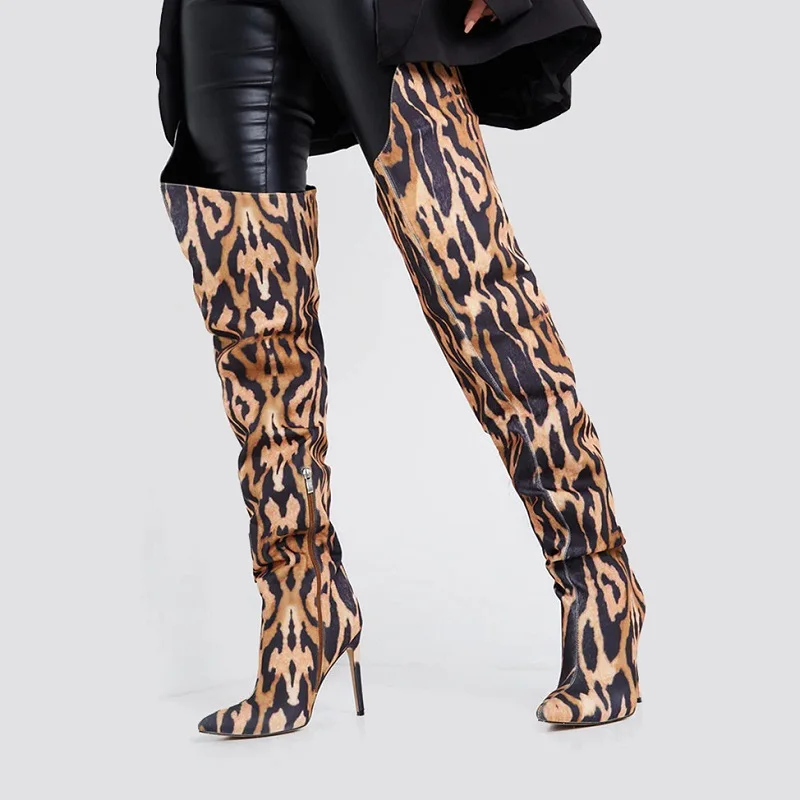 

IPPEUM Fashion Women's Shoes Winter Pointed Toe Stilettos Heels Sexy Elegant Leopard print Over the knee boots Thigh High Boots