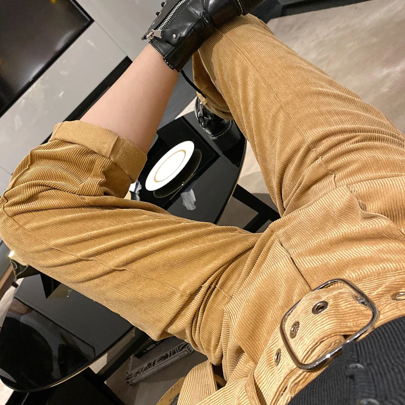 Женские вельветовые брюки REALEFT длинные с высокой талией поясом и на осень зиму 2019