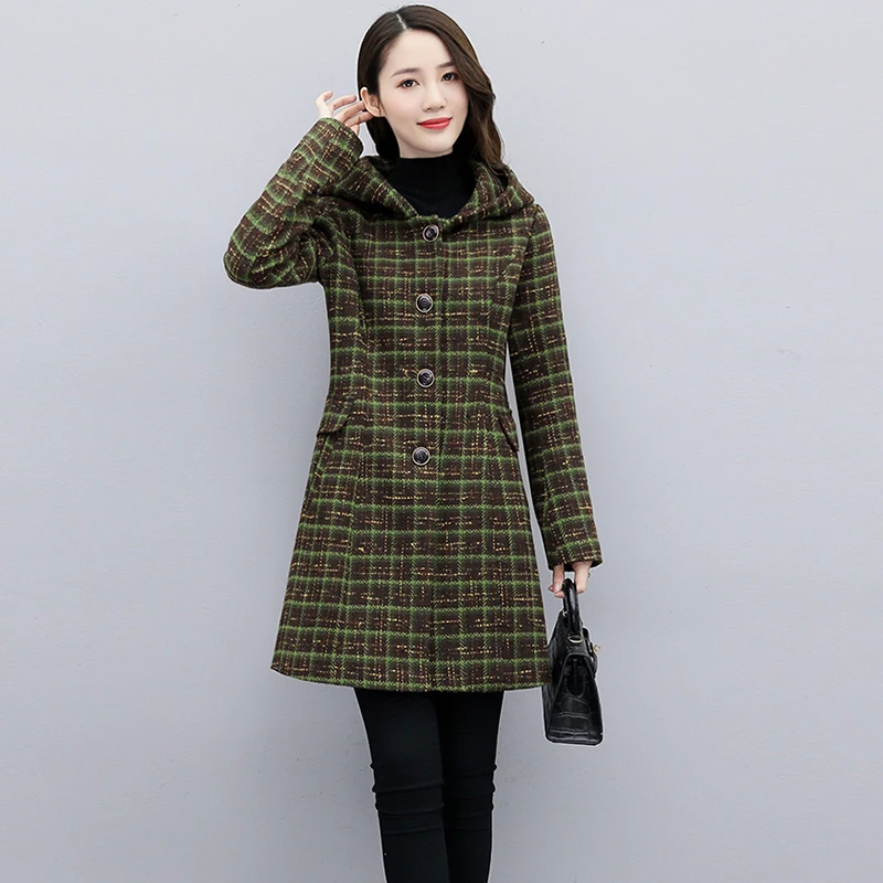 

New Plaid Woolen Women Jecket Mid-Length Single Breasted Big Pocket Hooded Simple Slim Fashion Women Jackets Spring Autumn 2020