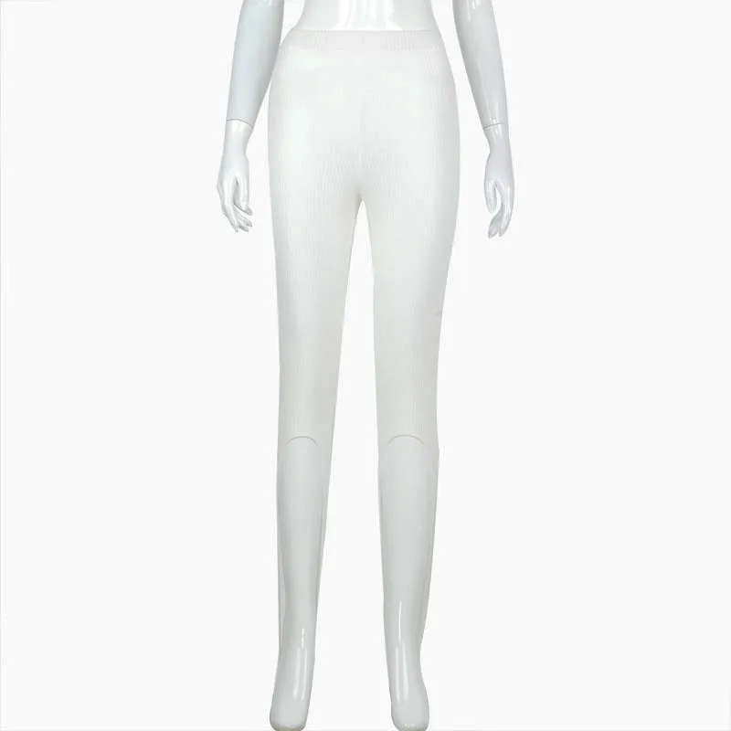 

2020 Cropped Pants Women Streetwear Knitted Elastic Midi Waist Casual White Solid Bodycon Knee Length Female Short Pants Women