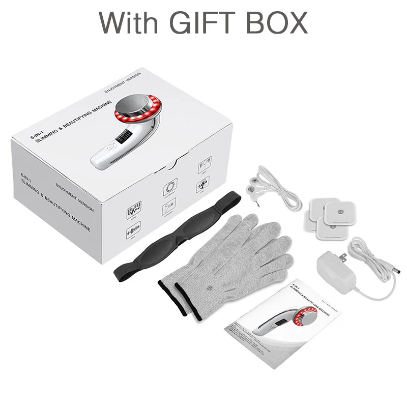 With Gift Box 6 In1 EMS Ultrasound Cavitation Galvanic Ultrasound Body Massager Face Lifting Machine Infrared Therapy Facial Skin Care Tools - Color: With Gift Box