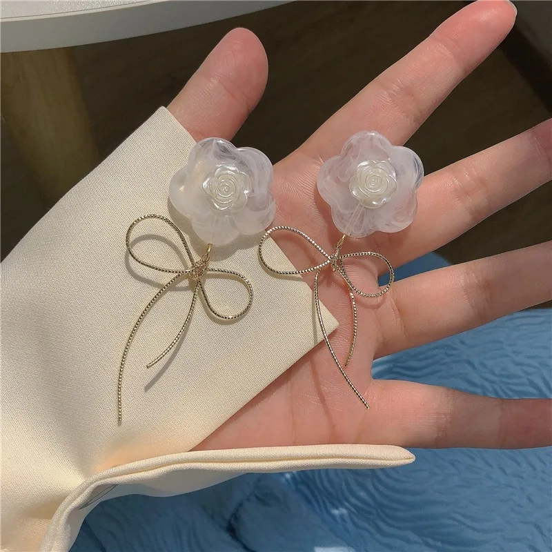 

S925 Silver Needles Drop Earrings For Women Original Design Vintage White Rose Flower Long Bow-knot Earring Fine Jewelry Brincos