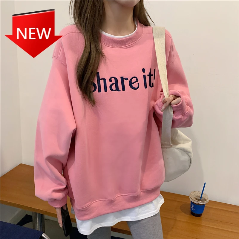 

Женская толстовка розово-серая Толстовка Женский Свободный пуловер с вышитыми буквами корейская мода имитация двух предметов большого раз...