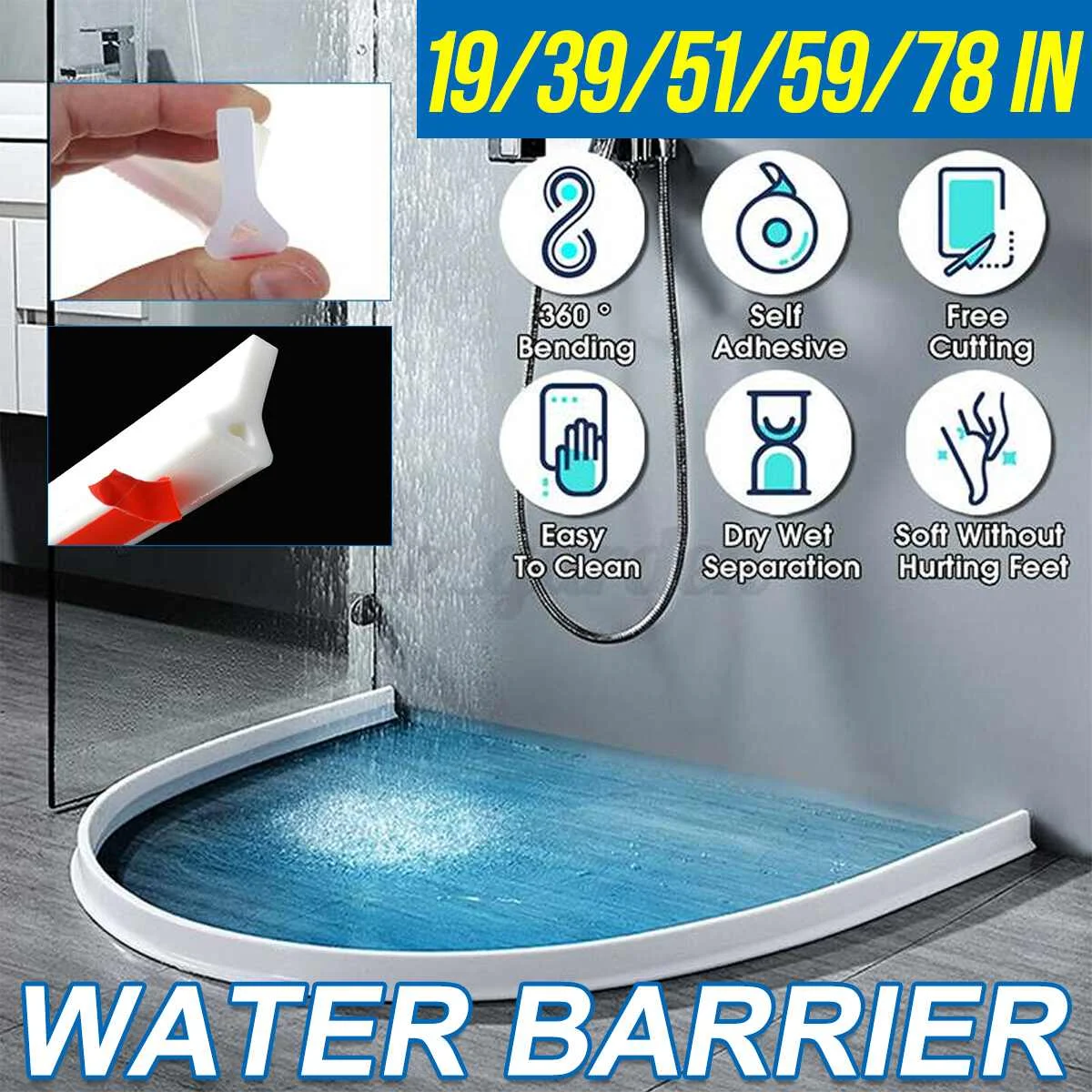

30 mm height Bathroom Water Stopper Water Partition Dry&Wet Separation Flood Barrier Rubber Dam Silicon Water Blocker Don't Slip