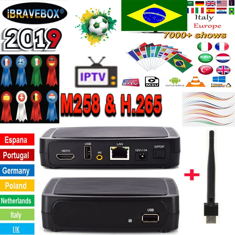 Испания Великобритания италия ТВ коробка Ip tv/Отт iBRAVEBOX M258 Smart HEVC и H.264 телеприставка M258 Поддержка usb wifi